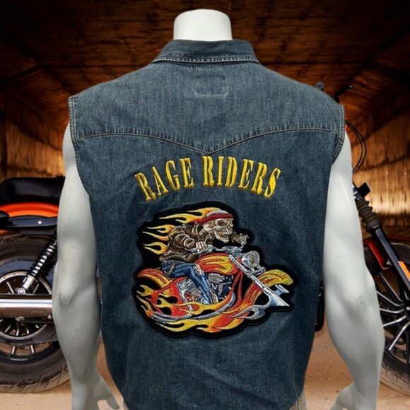 Wrangler Blue Denim Embroidered Back Patch "Rage Riders" Biker Motorcycle Vest L - Picture 1 of 14
